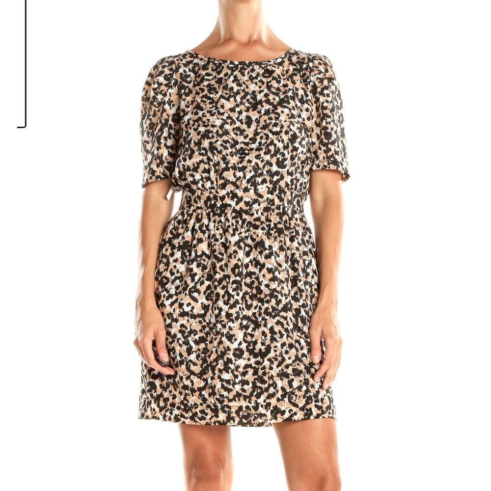 BCBGeneration animal print dress with lace up back, dark buff multi, size 10.
